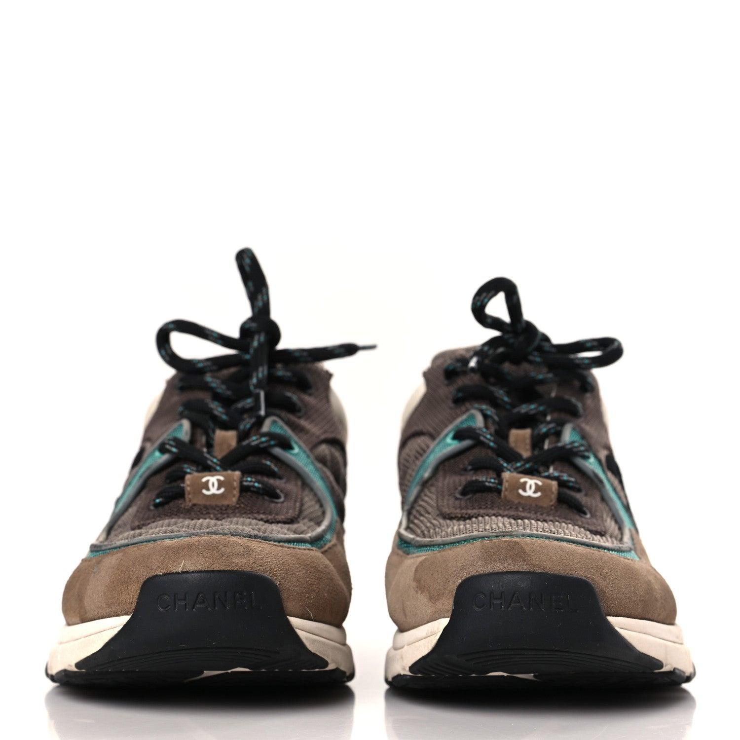 Chanel Nylon Calfskin Suede Womens CC Sneakers 40.5 Brown Green 2 of 12