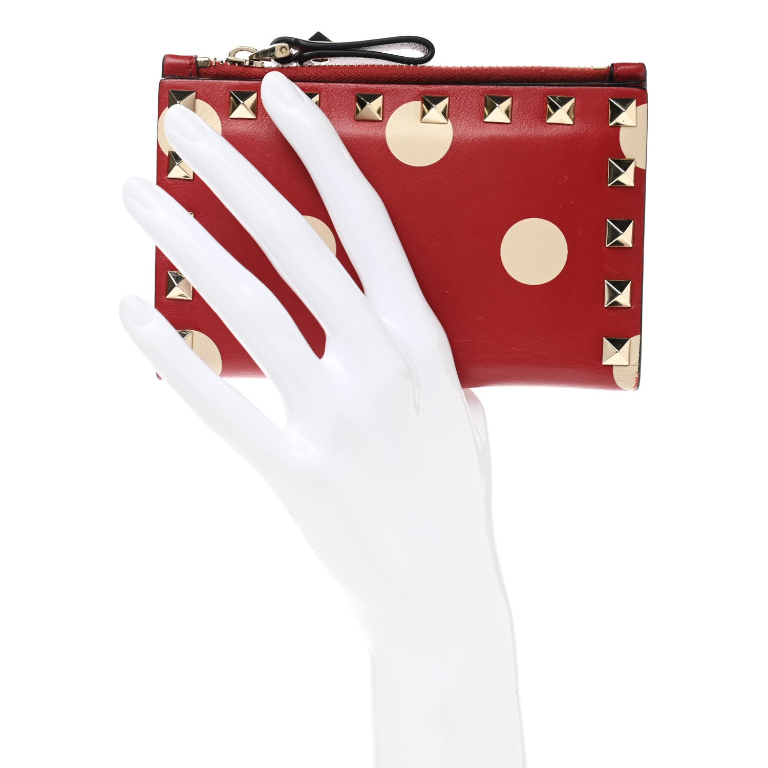 Valentino Garavani Calfskin Polka Dot Rockstud Coin Case Card Holder Red 3 of 6