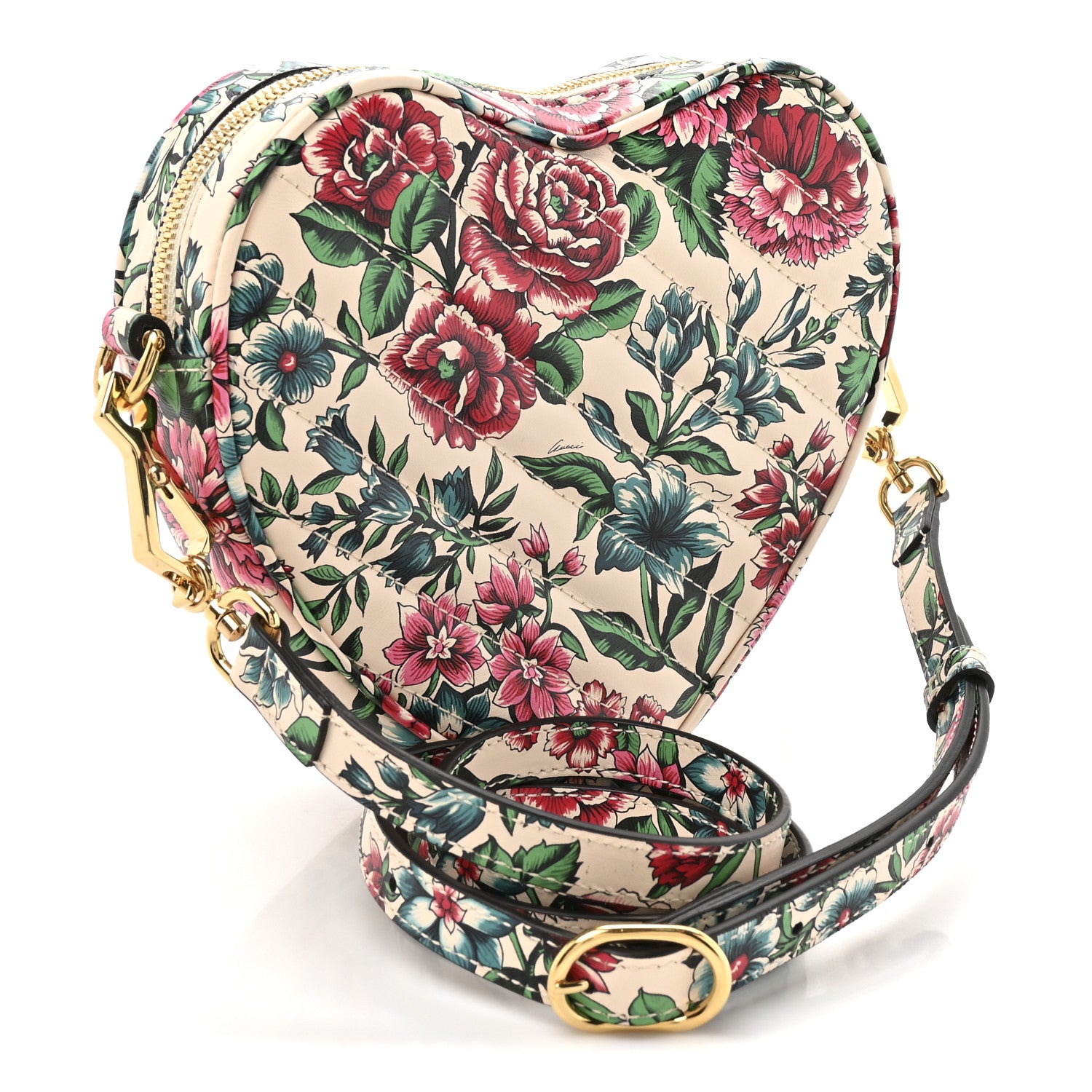Gucci Calfskin Matelasse Diagonal Brit Roses Print Mini Interlocking G Heart Shoulder Bag  White Multicolor 3 of 10