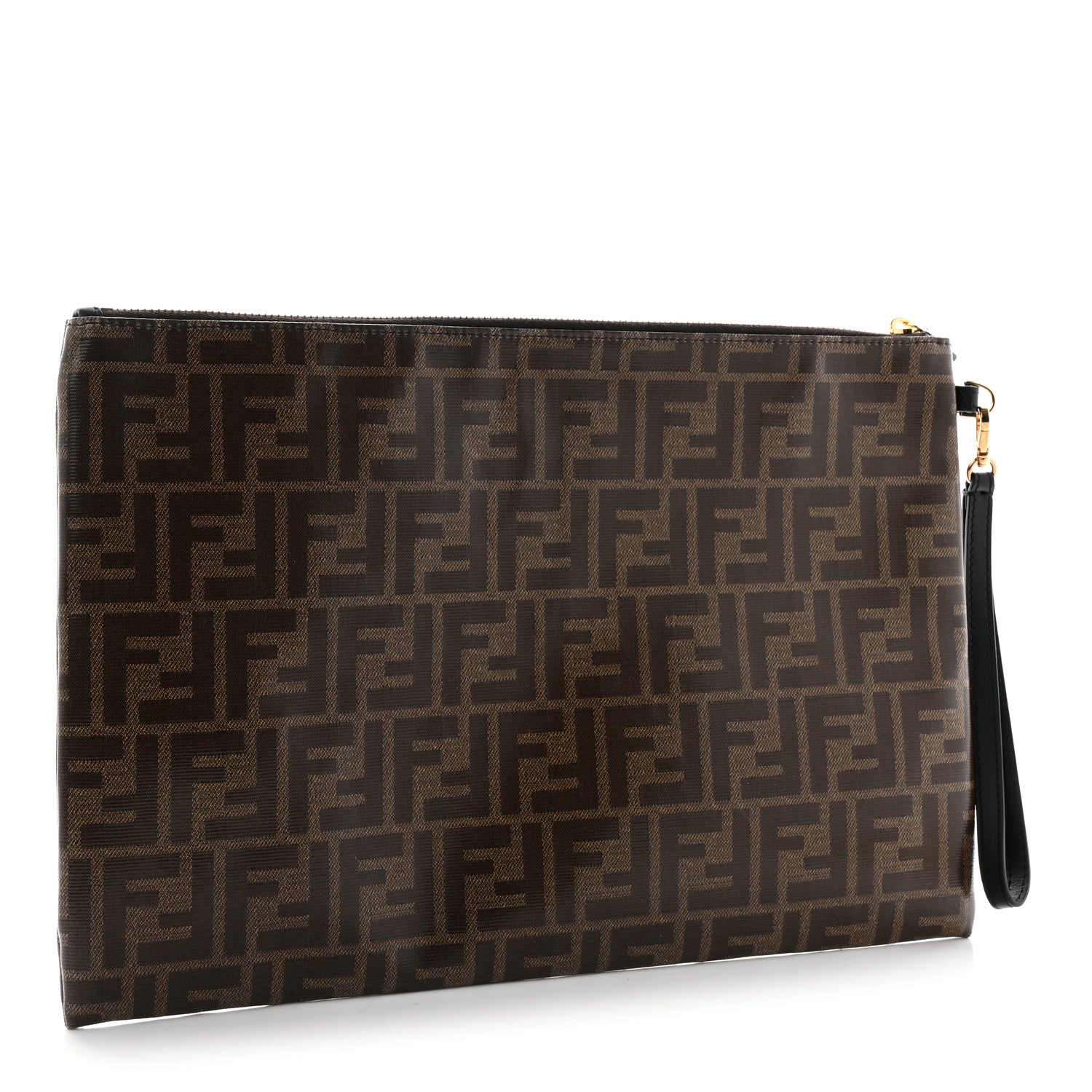 Fendi Glazed Fabric Vitello Century FF 1974 Stamp Patch Large Flat Pouch Mogano Panna Black 3 of 7