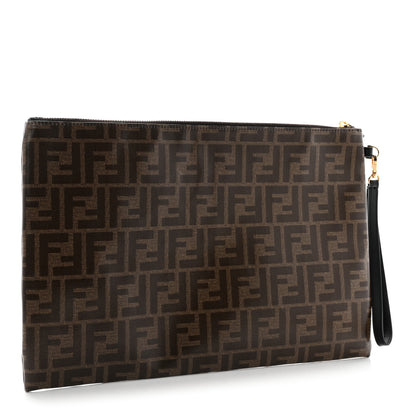 Fendi Glazed Fabric Vitello Century FF 1974 Stamp Patch Large Flat Pouch Mogano Panna Black 3 of 7