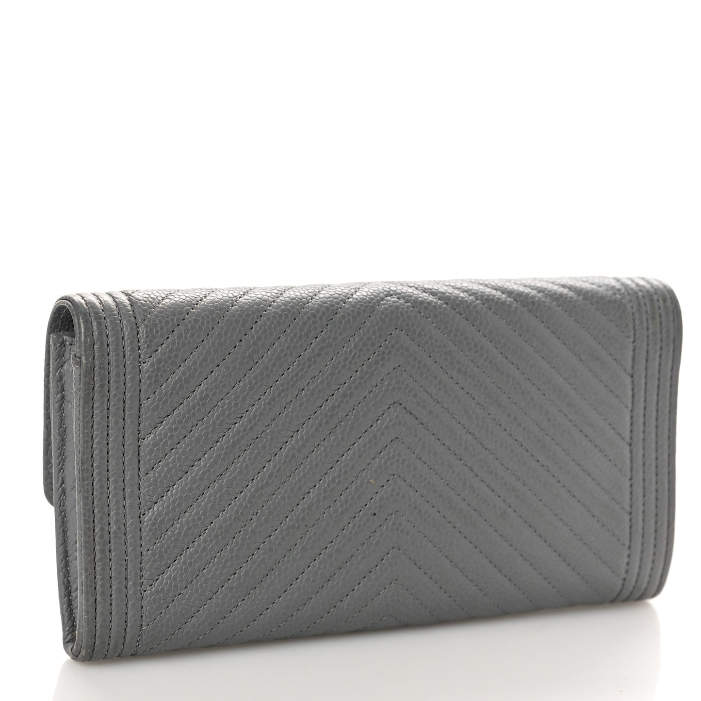 Caviar Chevron Quilted Large Boy Gusset Flap Wallet Grey