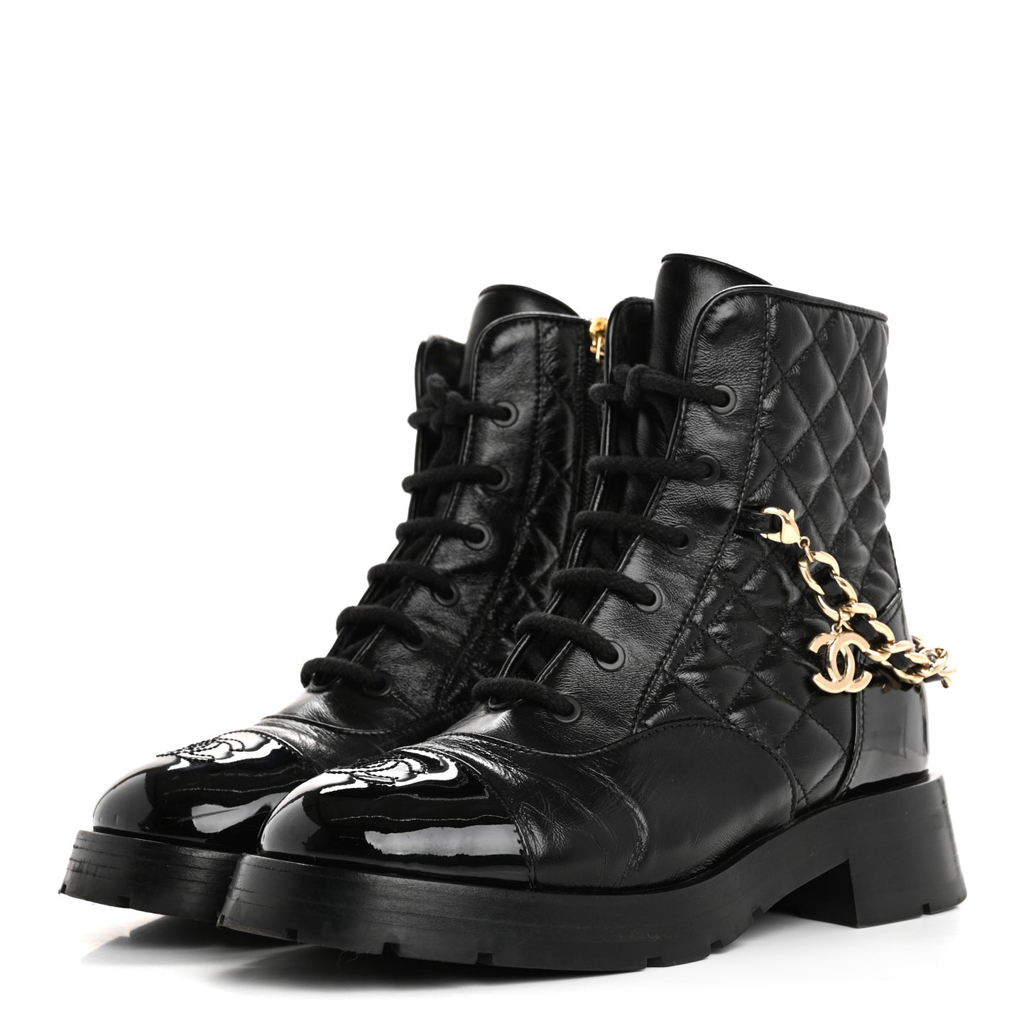 Shiny Calfskin Patent Quilted Chain Lace Up Combat Boots 38 Black