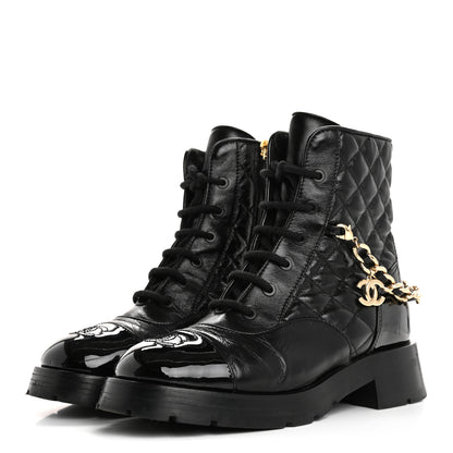 Chanel Shiny Calfskin Patent Quilted Chain Lace Up Combat Boots 38 Black 4 of 14