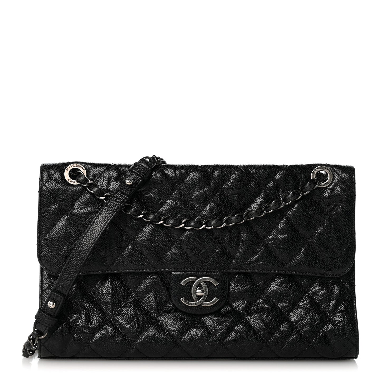Crumpled Grained Calfskin Jumbo CC Crave Flap Black