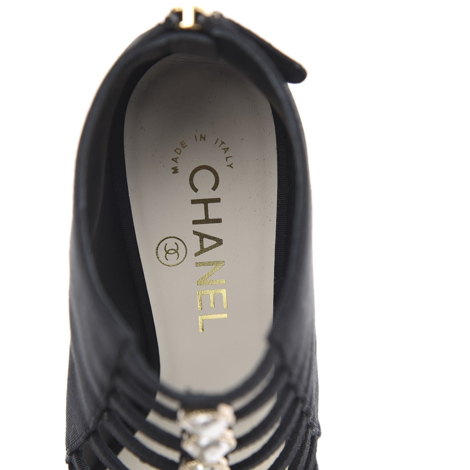 Chanel Grosgrain Pearl Open Toe Caged Ankle Boots 38 Black 6 of 9