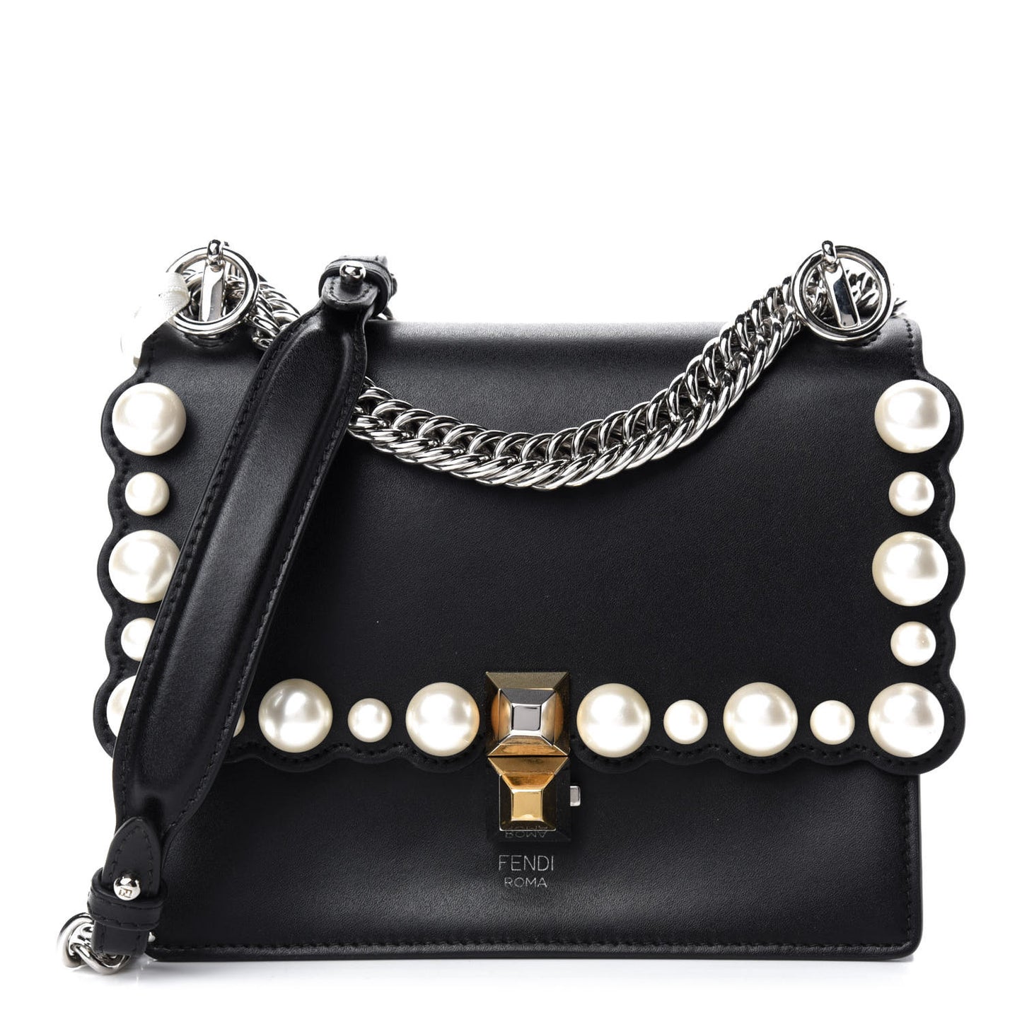 Vitello Liberty Pearl Scalloped Studded Small Kan I Shoulder Bag Black