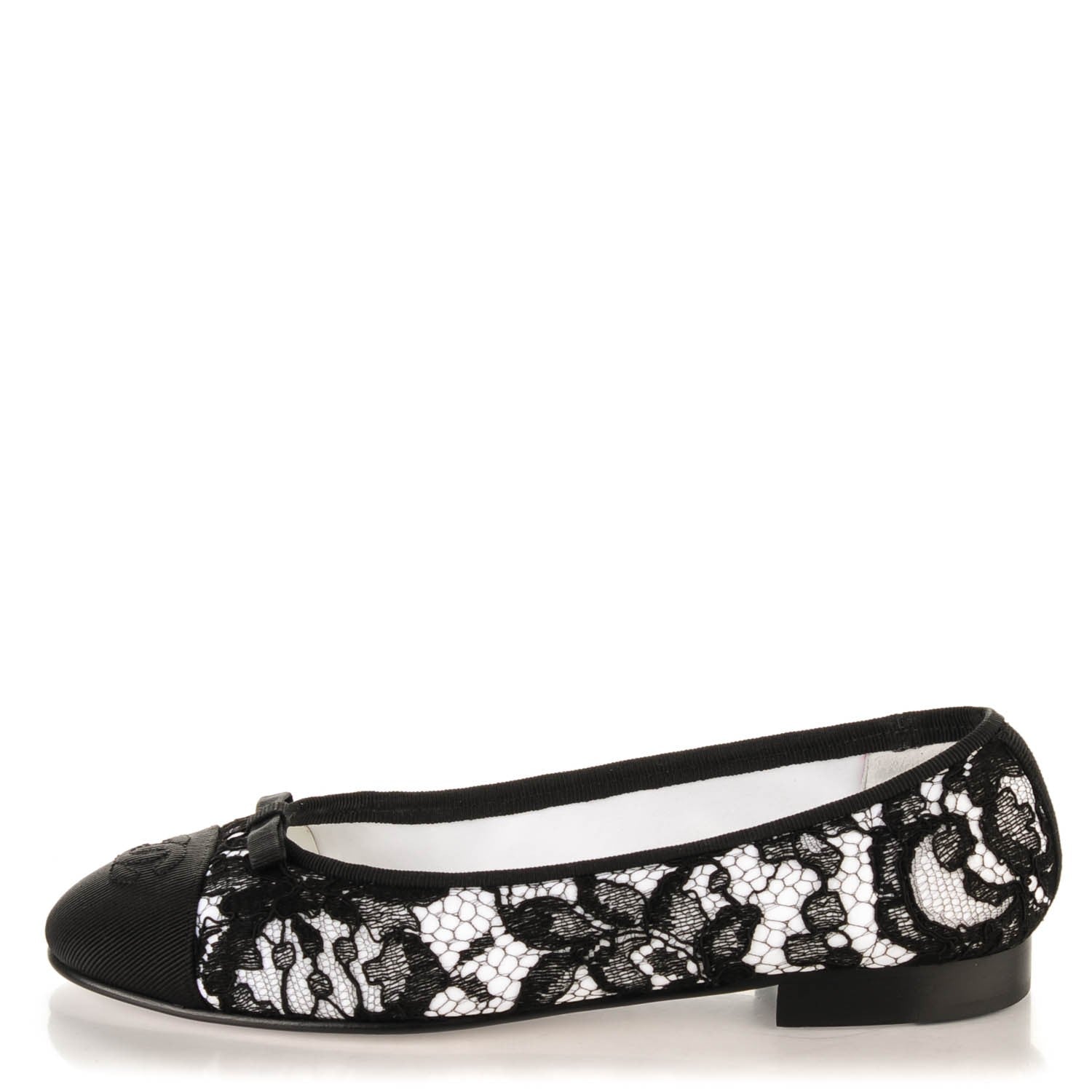 Chanel Lace Grosgrain Cap Toe Ballerina Flats 36.5 Black White 1 of 8