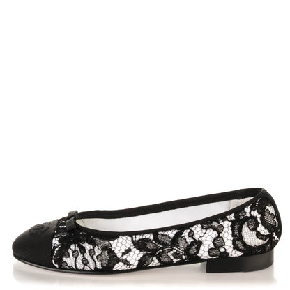 Chanel Lace Grosgrain Cap Toe Ballerina Flats 36.5 Black White 1 of 8