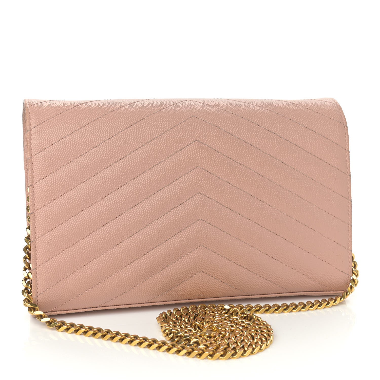 Saint Laurent Grain De Poudre Matelasse Chevron Monogram Chain Wallet Pale Pink 3 of 13
