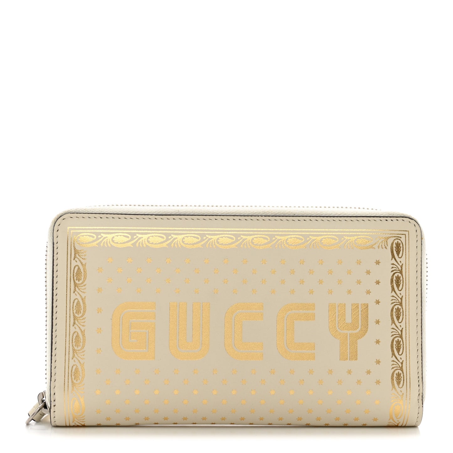 X SEGA Calfskin GUCCY Stars Zip Around Wallet Mystic White Gold