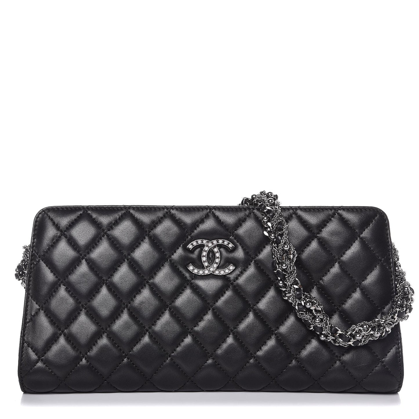 Lambskin Quilted Pearl Chain Wrist Wallet Black
