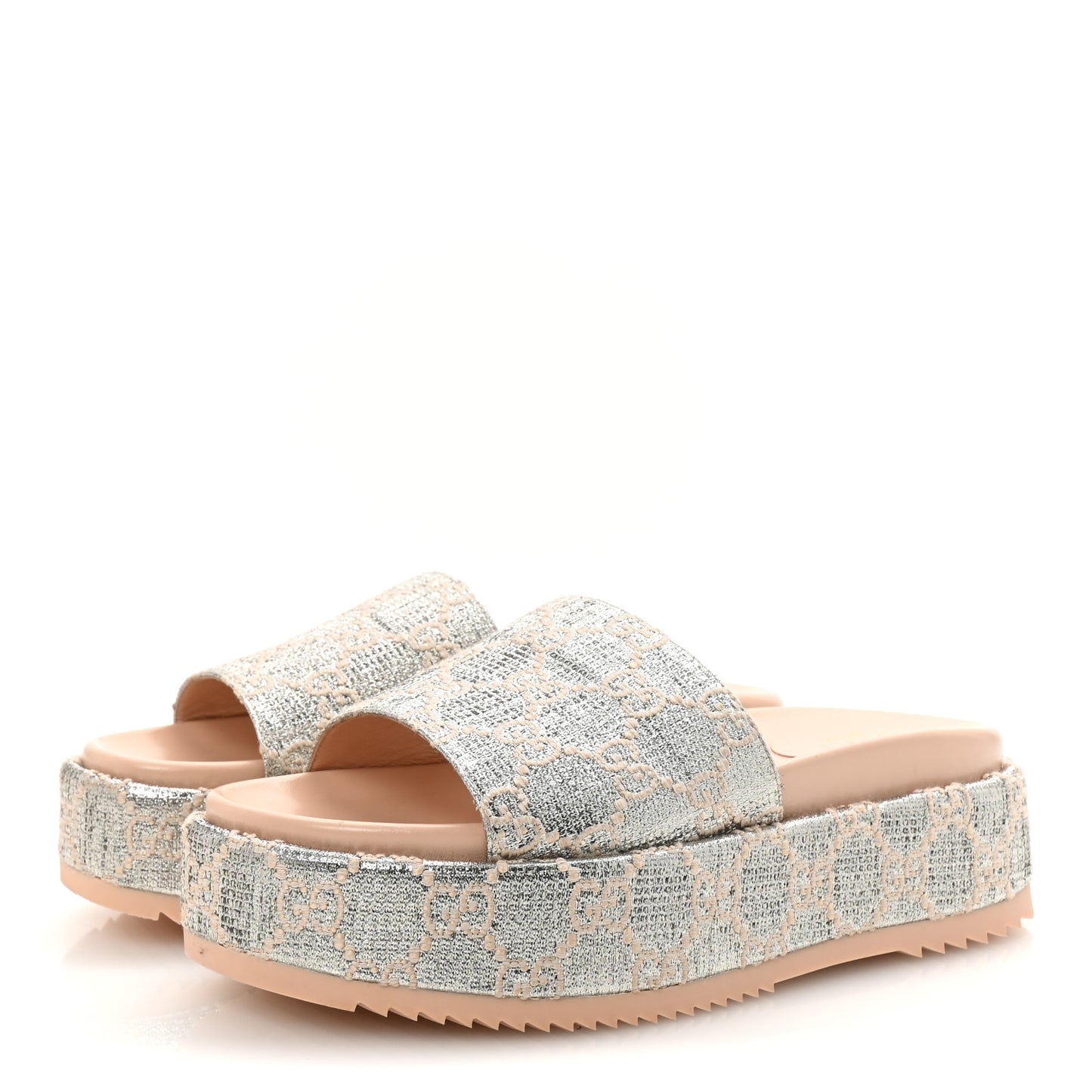 Lame Heritage GG Monogram Angelina Platform 55mm Slide Sandals 39 Silver Beige