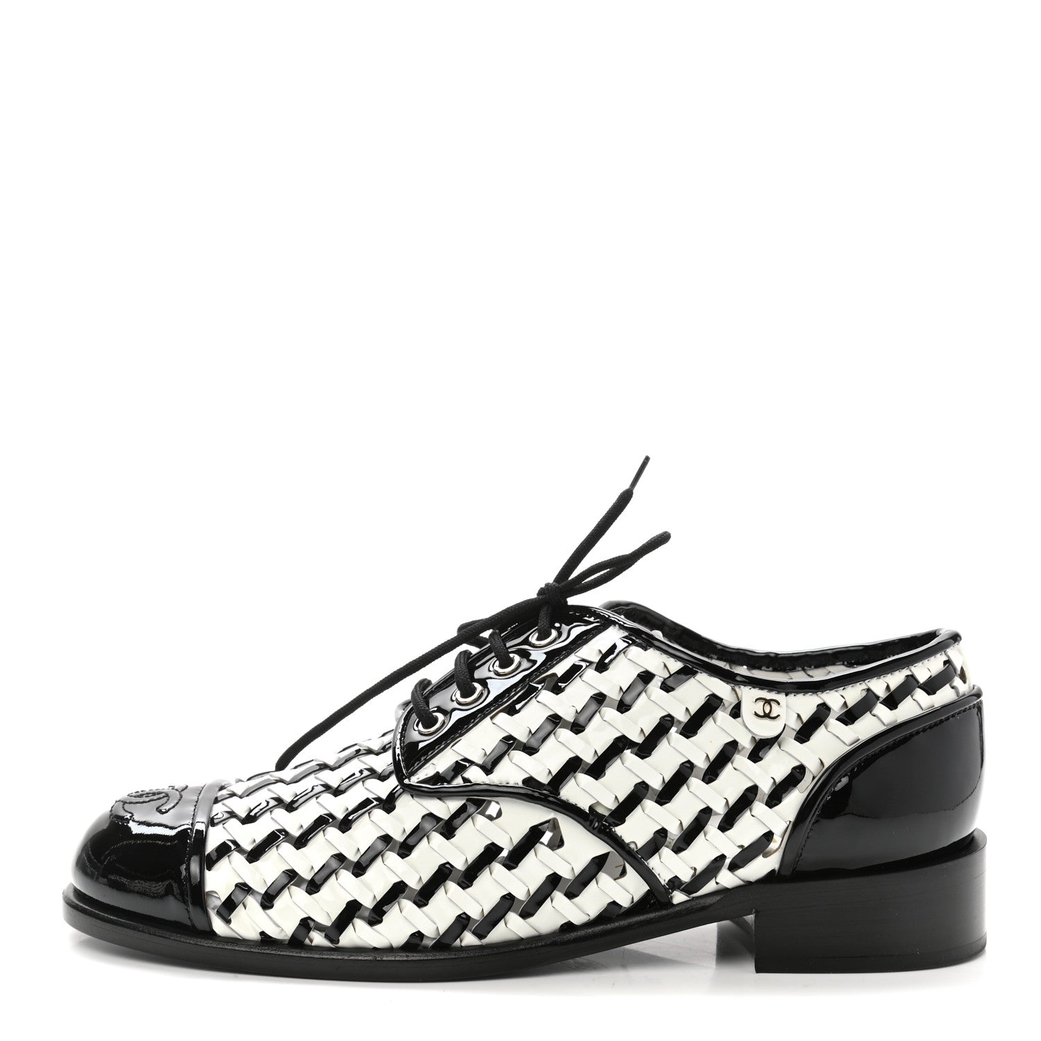 Chanel Lambskin Braided Patent CC Lace Up Oxfords 39 Black White 1 of 9