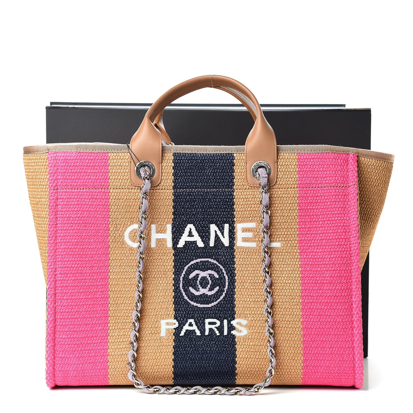 Straw Raffia Calfskin Striped Large Deauville Tote Dark Beige Fuchsia Navy Blue