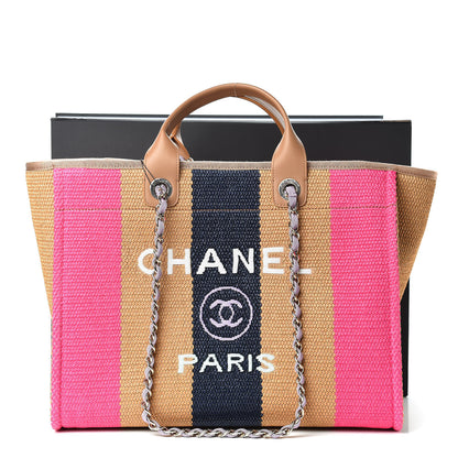 Chanel Straw Raffia Calfskin Striped Large Deauville Tote Dark Beige Fuchsia Navy Blue 12 of 12