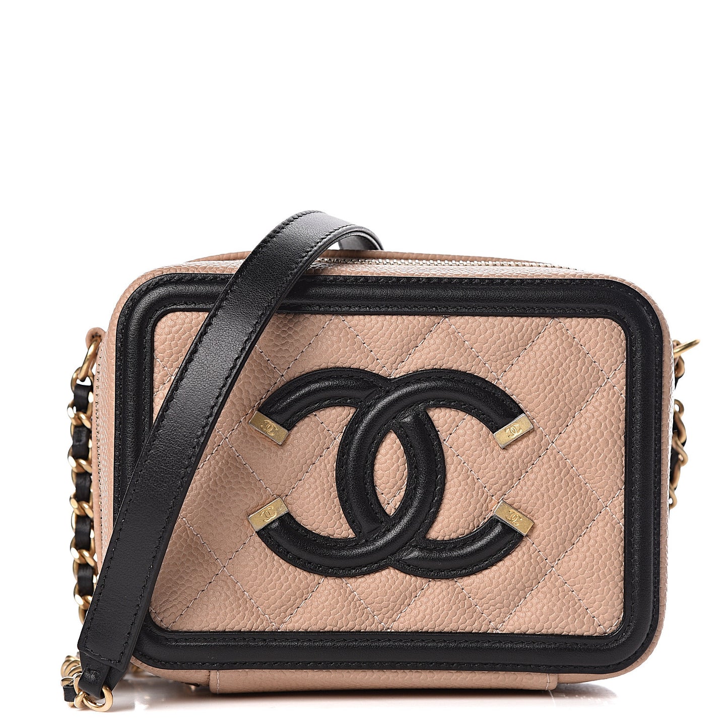 Caviar Quilted CC Filigree Vanity Clutch With Chain Beige Black