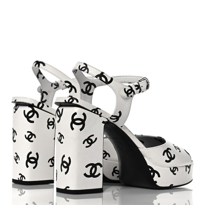 Chanel Printed Lambskin Coco Beach Platform Sandals 38 White Black 4 of 11