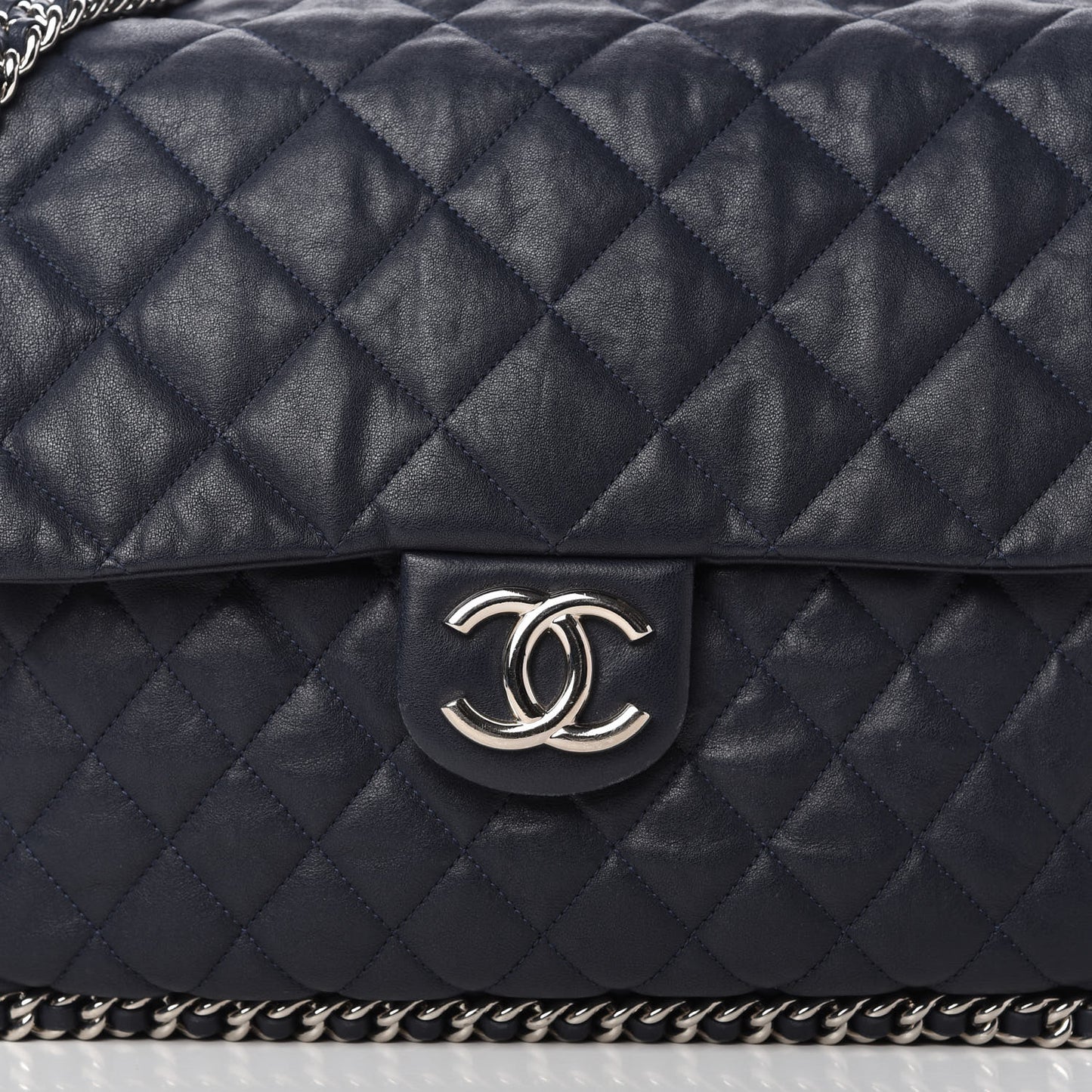 Washed Lambskin Quilted Chain Around Maxi Flap Dark Navy Blue