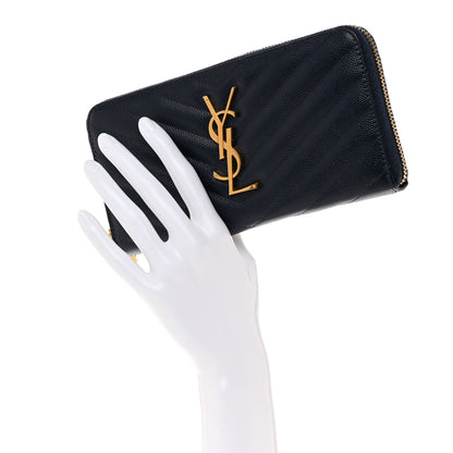 Saint Laurent Grain De Poudre Matelasse Chevron Monogram Zip Around Wallet Navy 2 of 6