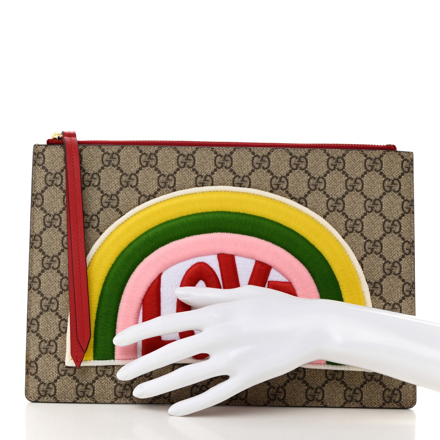 Calfskin GG Supreme Monogram Embroidered Rainbow Love Zip Pouch Red