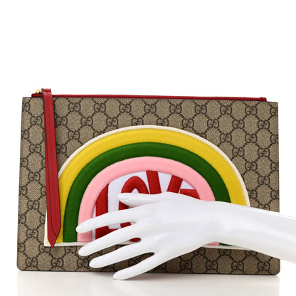 Gucci Calfskin GG Supreme Monogram Embroidered Rainbow Love Zip Pouch Red 2 of 8