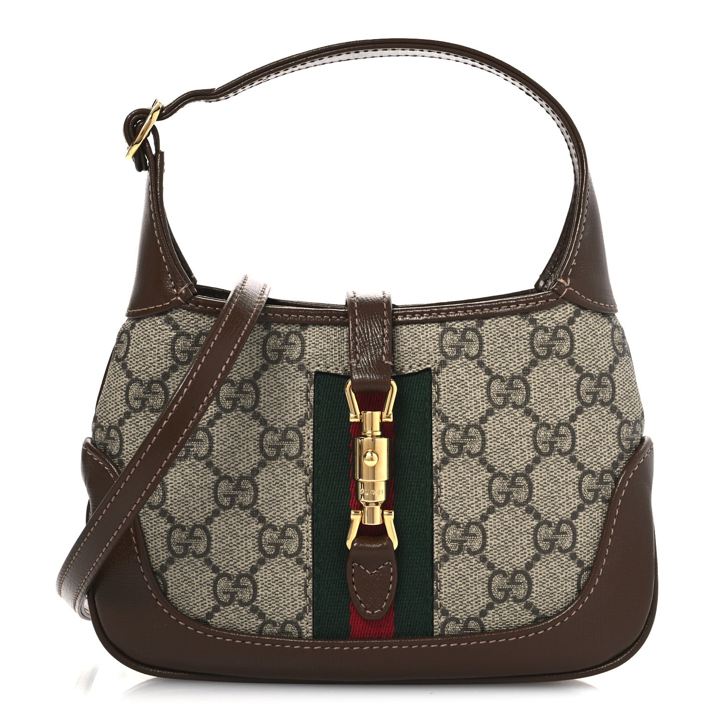 GG Supreme Monogram Azalea Calfskin Web Mini Jackie 1961 Hobo Beige Ebony Brown Sugar