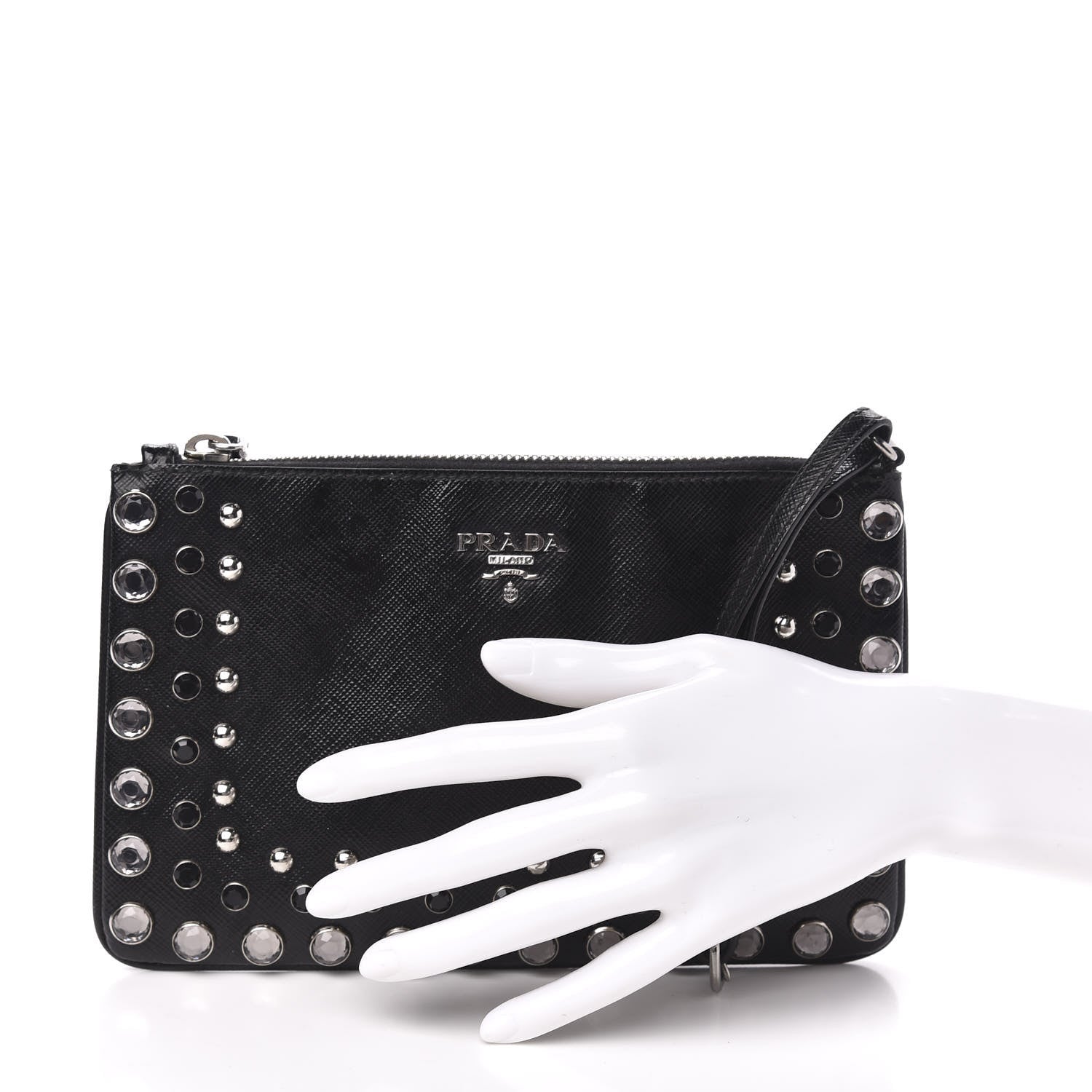Prada Saffiano Vernice Crystal Studded Clutch Wristlet Black 2 of 8