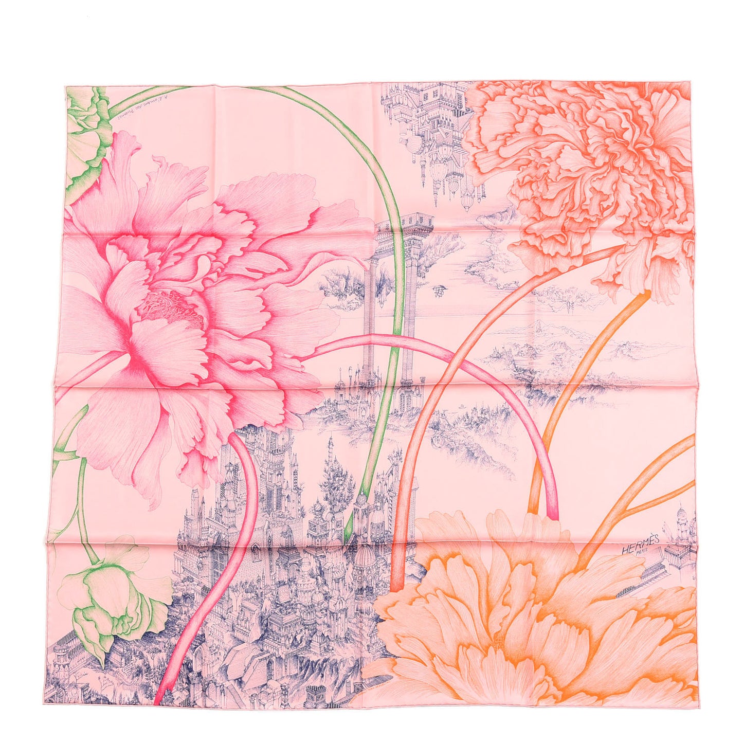 Silk A l'Ombre des Pivoines Scarf 90 Vieux Rose Encre