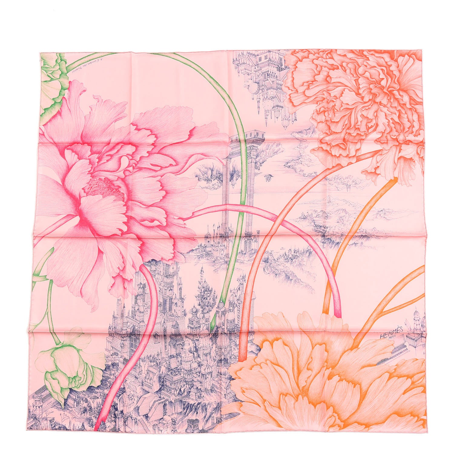 Hermes Silk A l'Ombre des Pivoines Scarf 90 Vieux Rose Encre 1 of 3