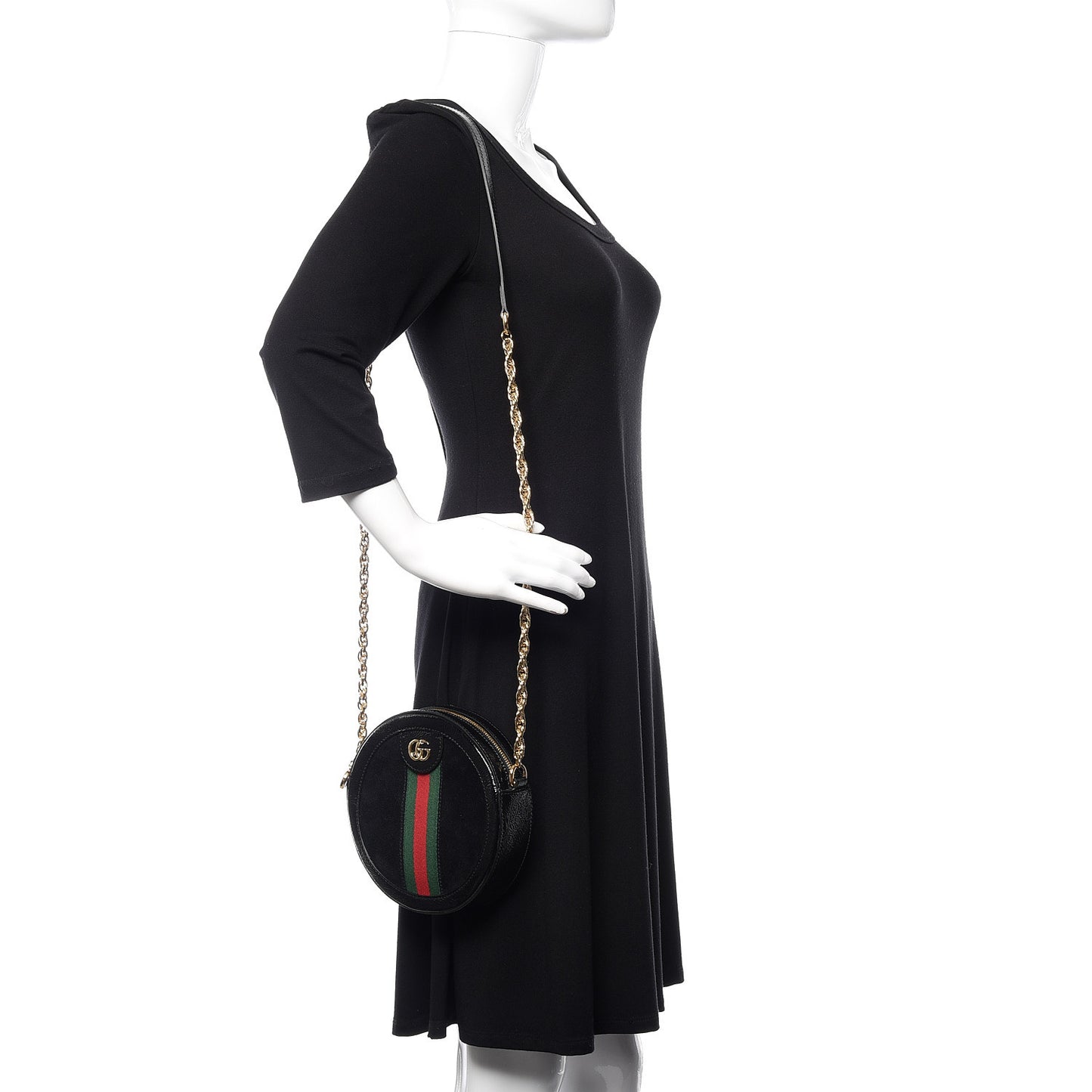 Suede Patent Web Mini Ophidia Round Shoulder Bag Black