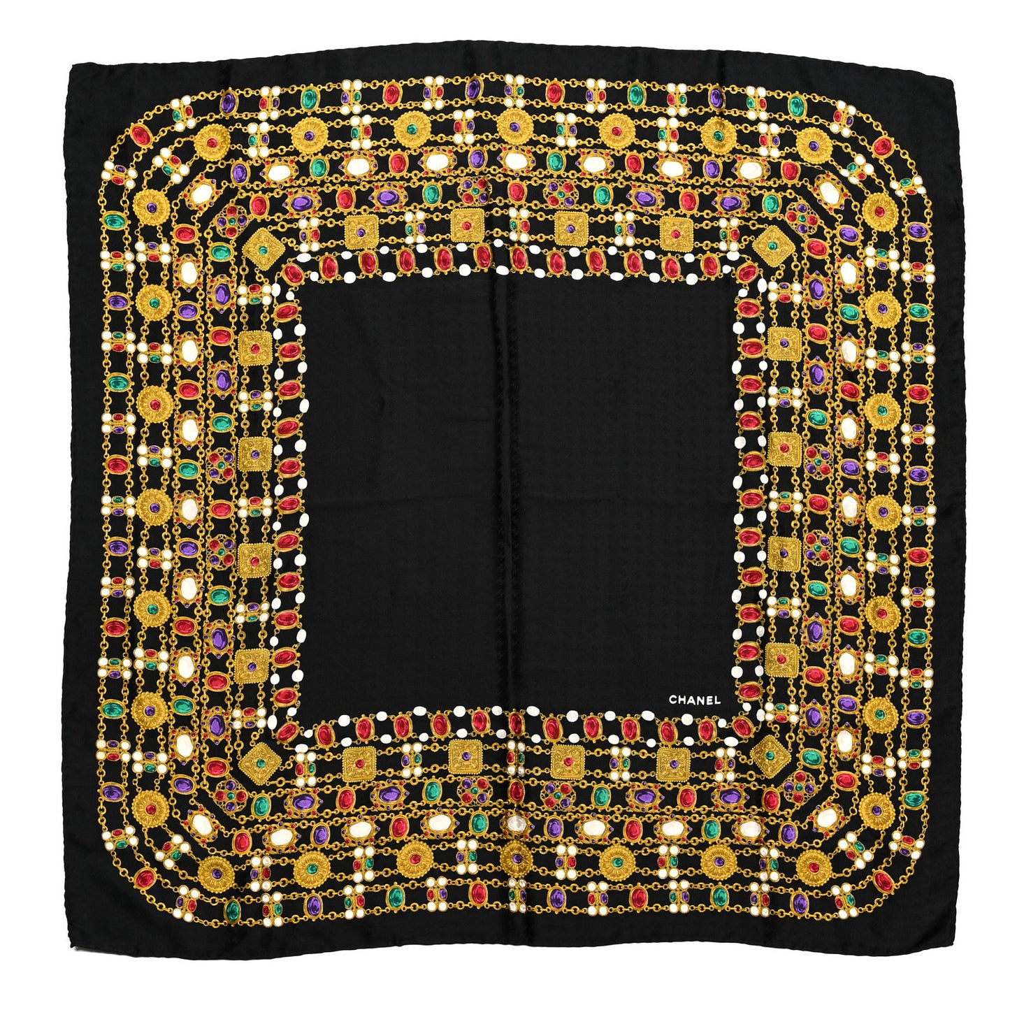 Silk Pearl Jewel Chain Print Scarf Black