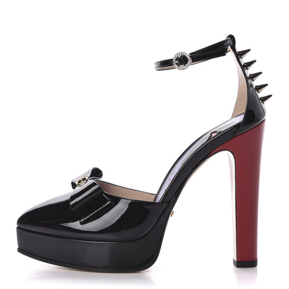 Gucci Patent Crystal GG Bow Sadie Spike Ankle Strap d'Orsay Platform High Heel Pumps 37 Black 1 of 9