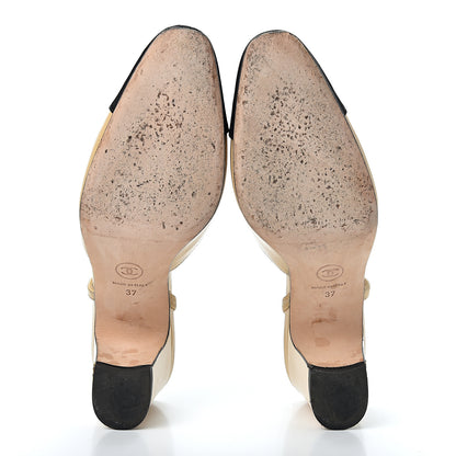 Chanel Goatskin Grosgrain Cap Toe CC Slingback Pumps 37 Beige Black 6 of 10