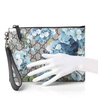 Gucci GG Supreme Monogram Blooms Small Zip Wristlet Pouch Beige Blue Black 2 of 8
