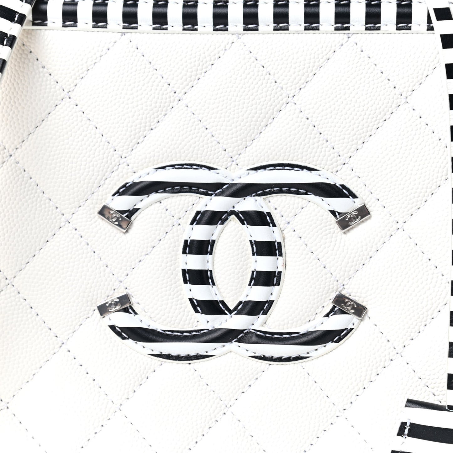 Caviar Quilted Striped Medium CC Filigree Vanity Case White Black