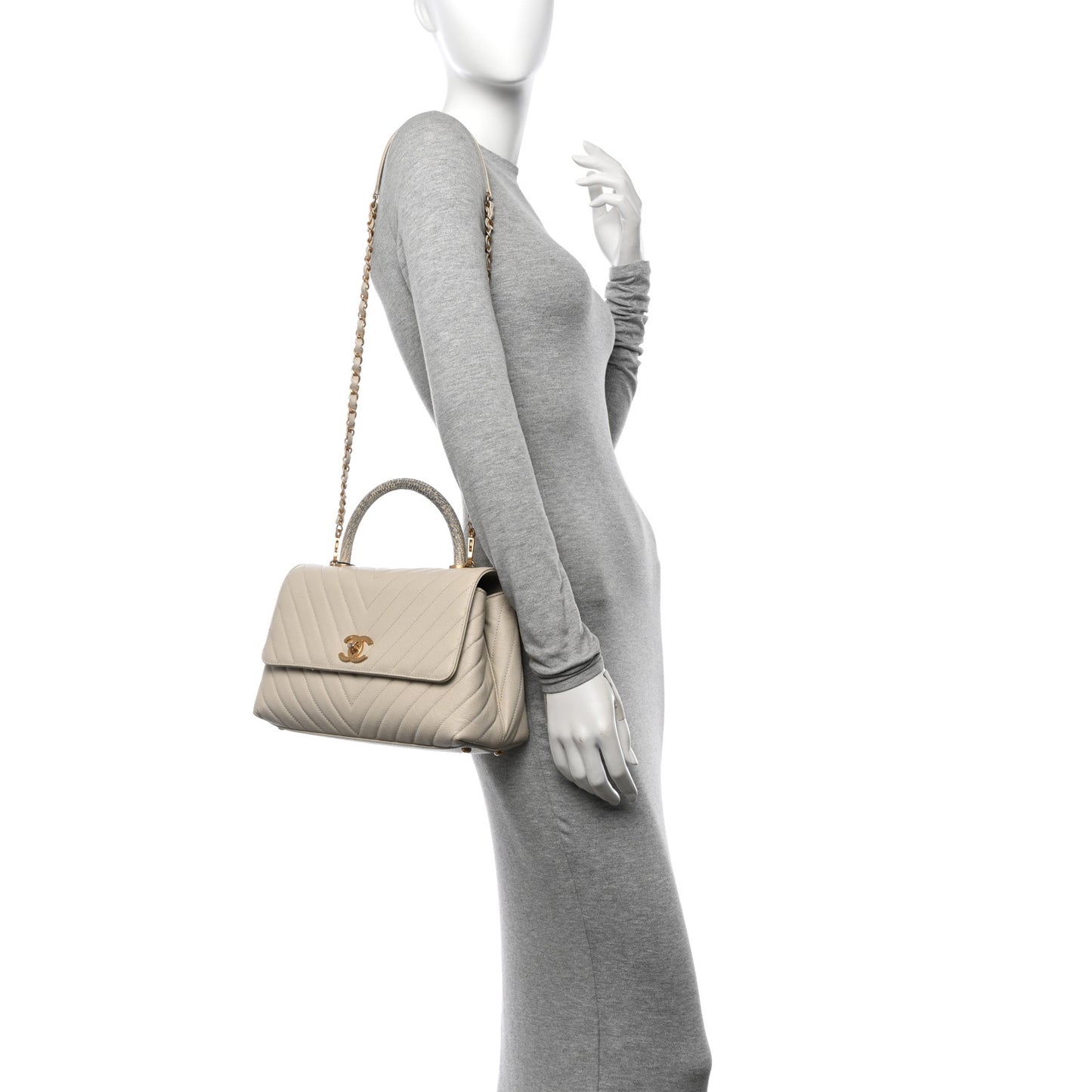 Caviar Lizard Chevron Quilted Small Coco Handle Flap Ivory