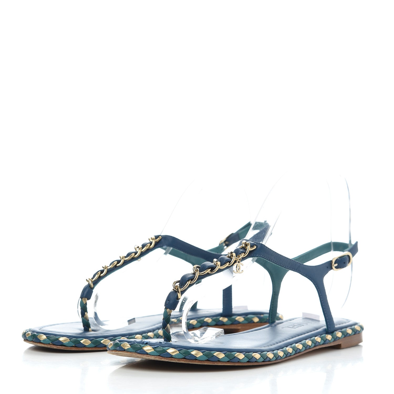 Chanel Lambskin Braided CC Logo Thong Sandals 39 Blue Gold 3 of 16