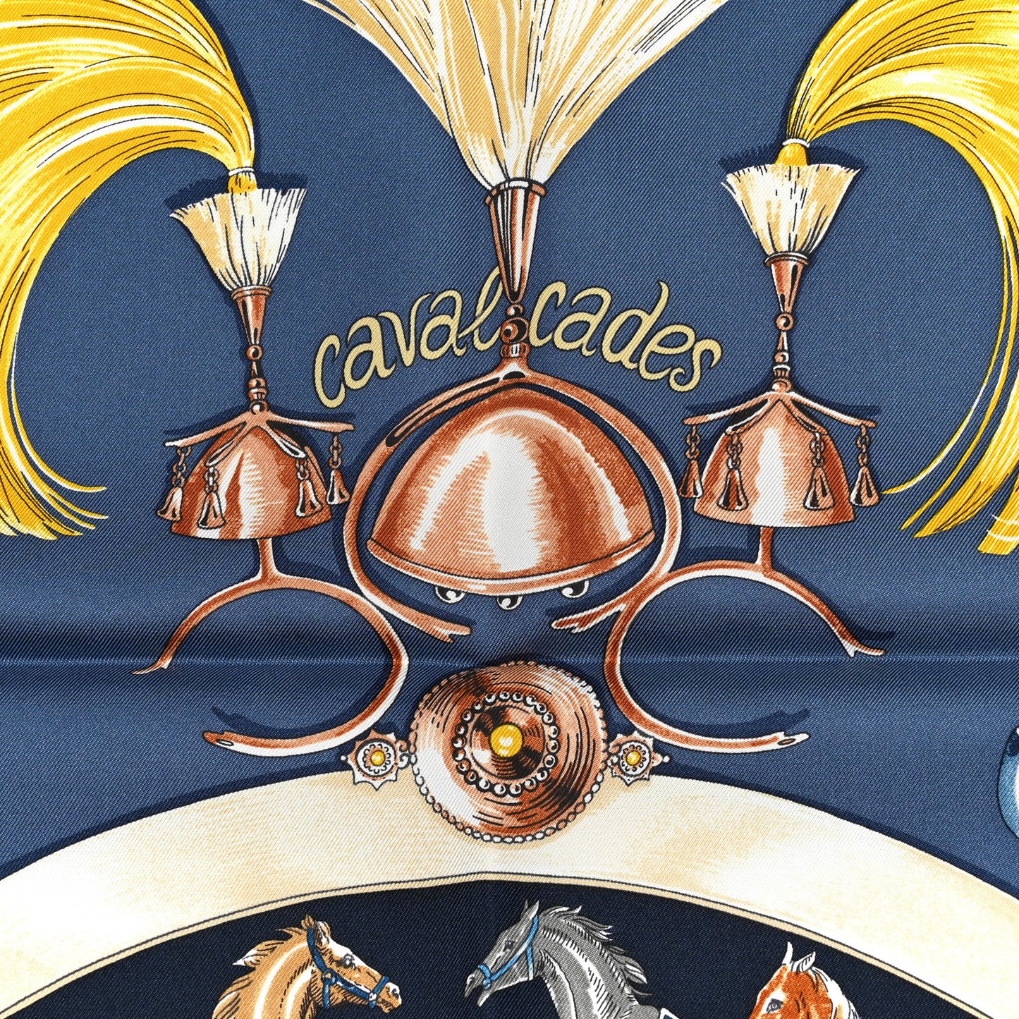 Silk Cavalcades Scarf 90 Ocre Bleu Ardoise Brun