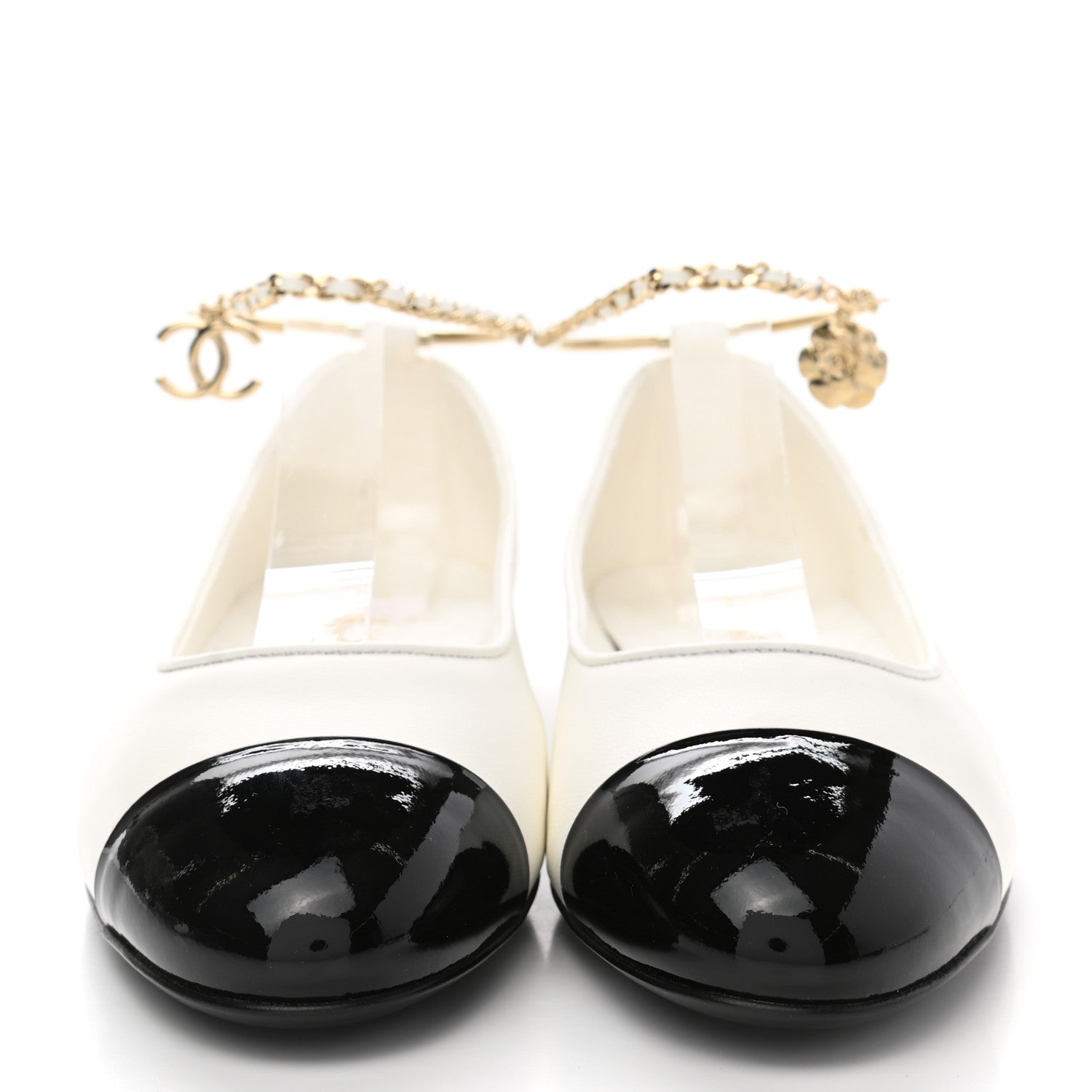 Chanel Lambskin Patent Calfskin Cap Toe Ankle Chain Ballerina Flats 39 White Black 2 of 9