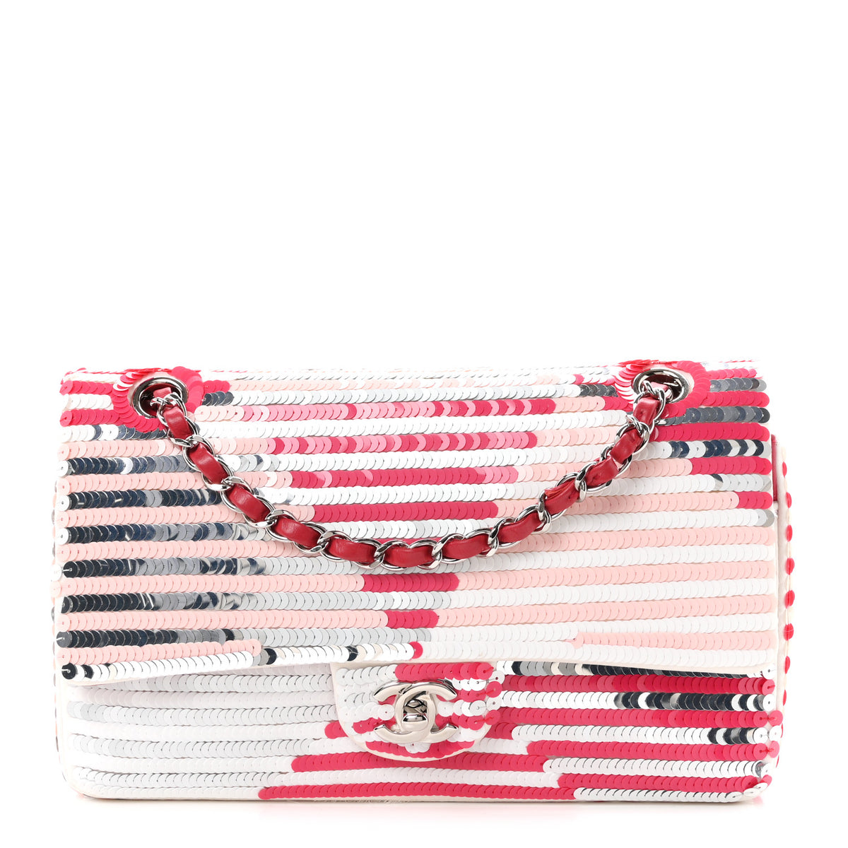 Sequin Mesh Lambskin Medium Double Flap Mulitcolor Pink Grey White