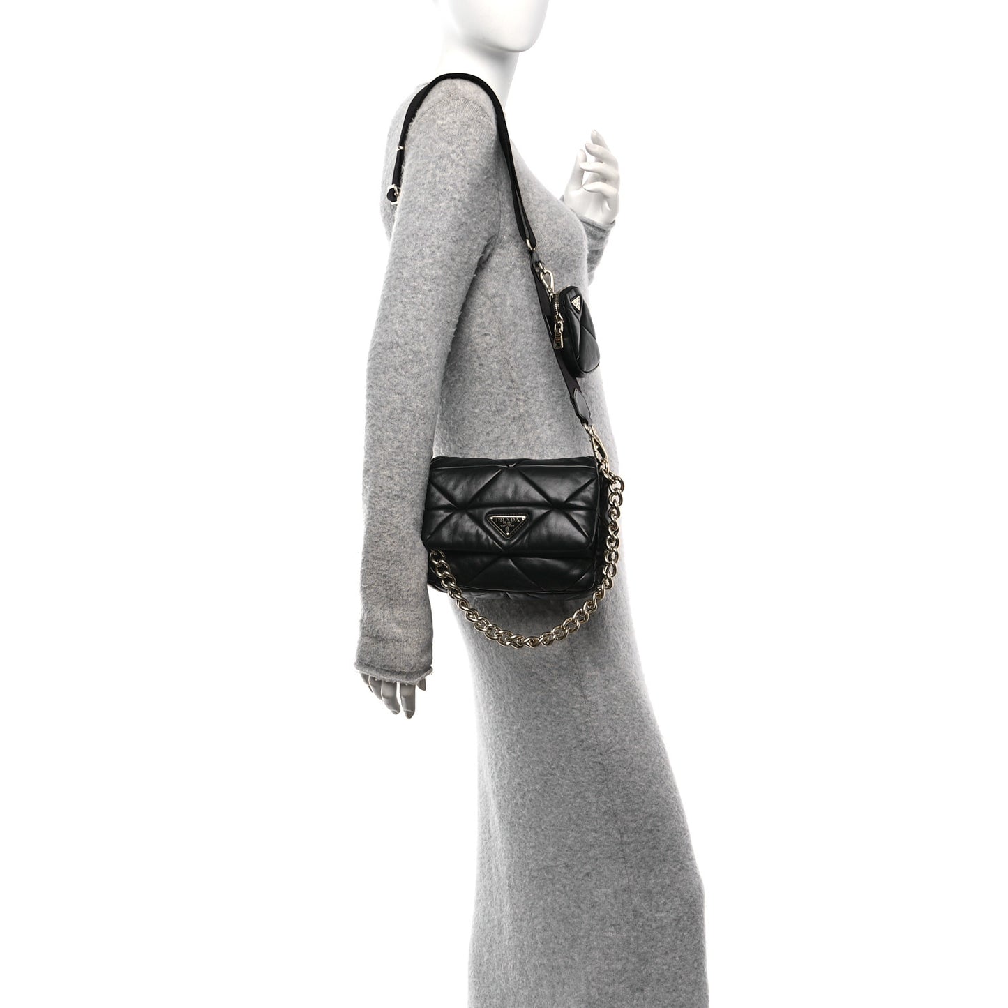 Nappa Re-Nylon Triangle Quilted Patchwork System Flap Shoulder Bag Black