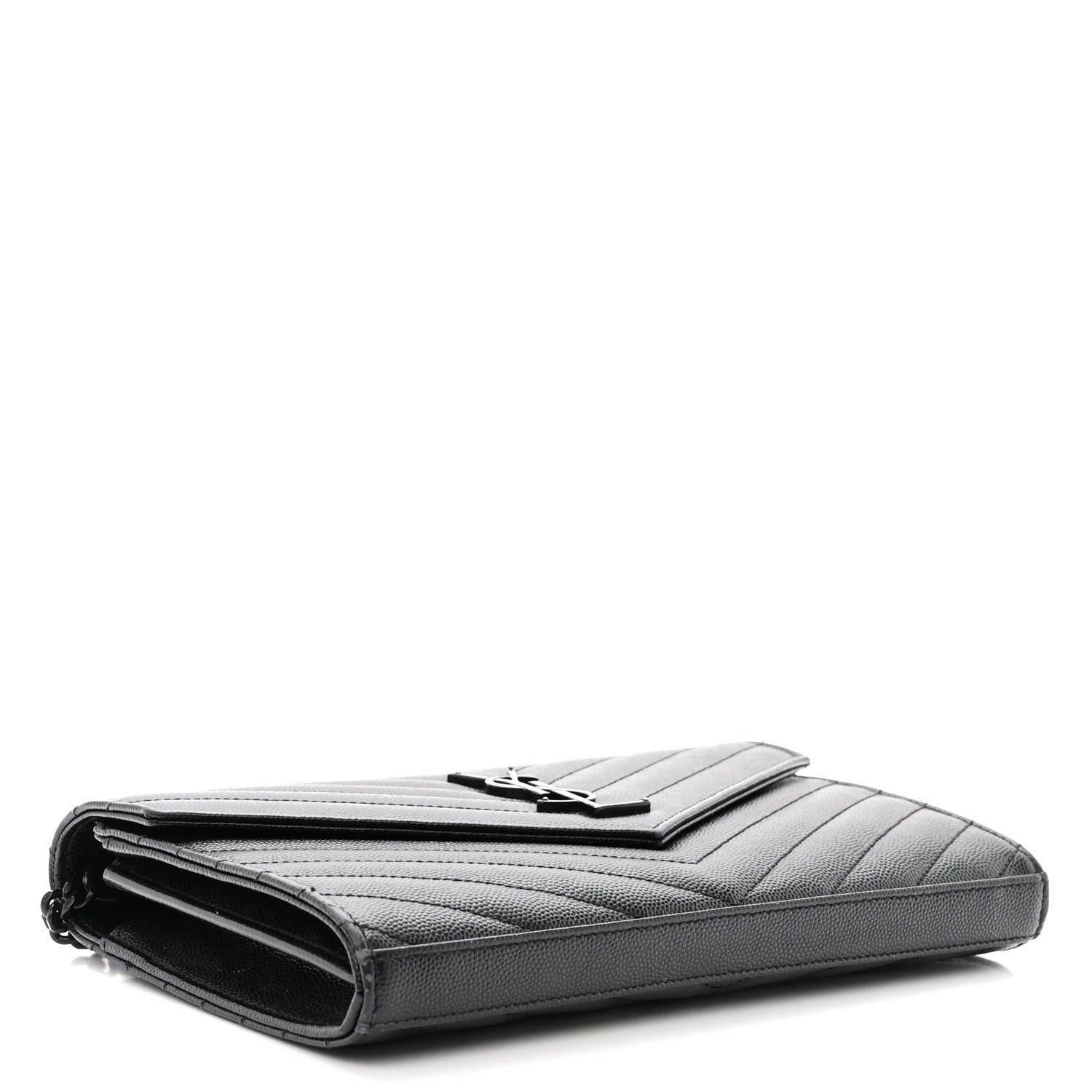 Saint Laurent Grain De Poudre Matelasse Chevron Monogram Monochrome Chain Wallet Black 4 of 12