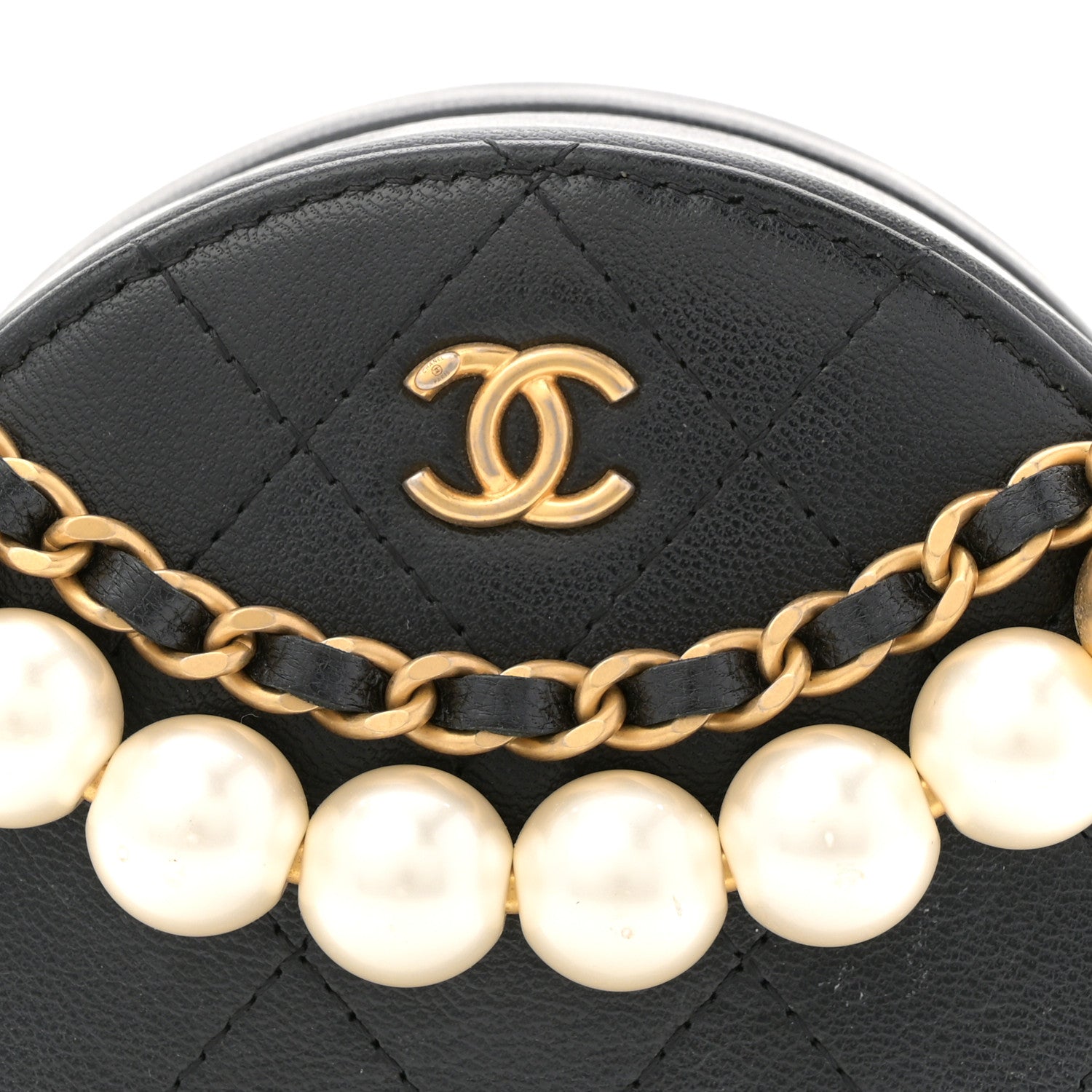 Chanel Goatskin Quilted Chic Pearls Chain Round Clutch With Chain Black 8 of 10