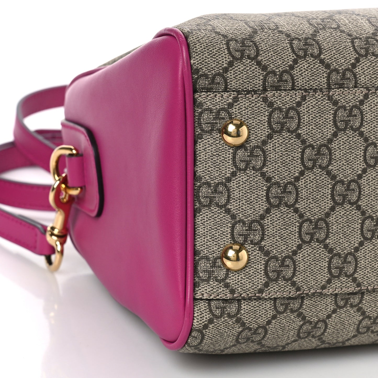 GG Supreme Monogram Moon Calfskin Small Boston Beige Ebony Hibiscus Red New Rosette