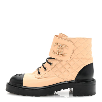 Chanel Lambskin Calfskin Quilted Lace Up Combat Boots 41 Beige Black 1 of 9