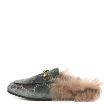 Gucci Velvet GG Monogram Fur Womens Princetown Slippers 35 Avio Dusty Pink 1 of 8