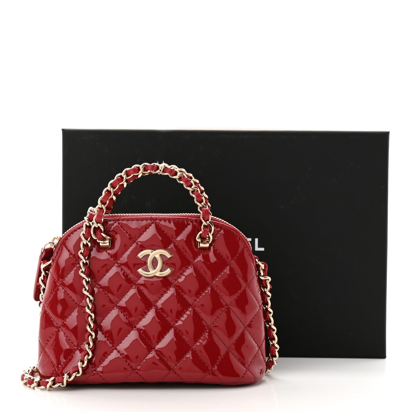 Patent Calfskin Quilted Shiny Coco Clutch With Chain Red