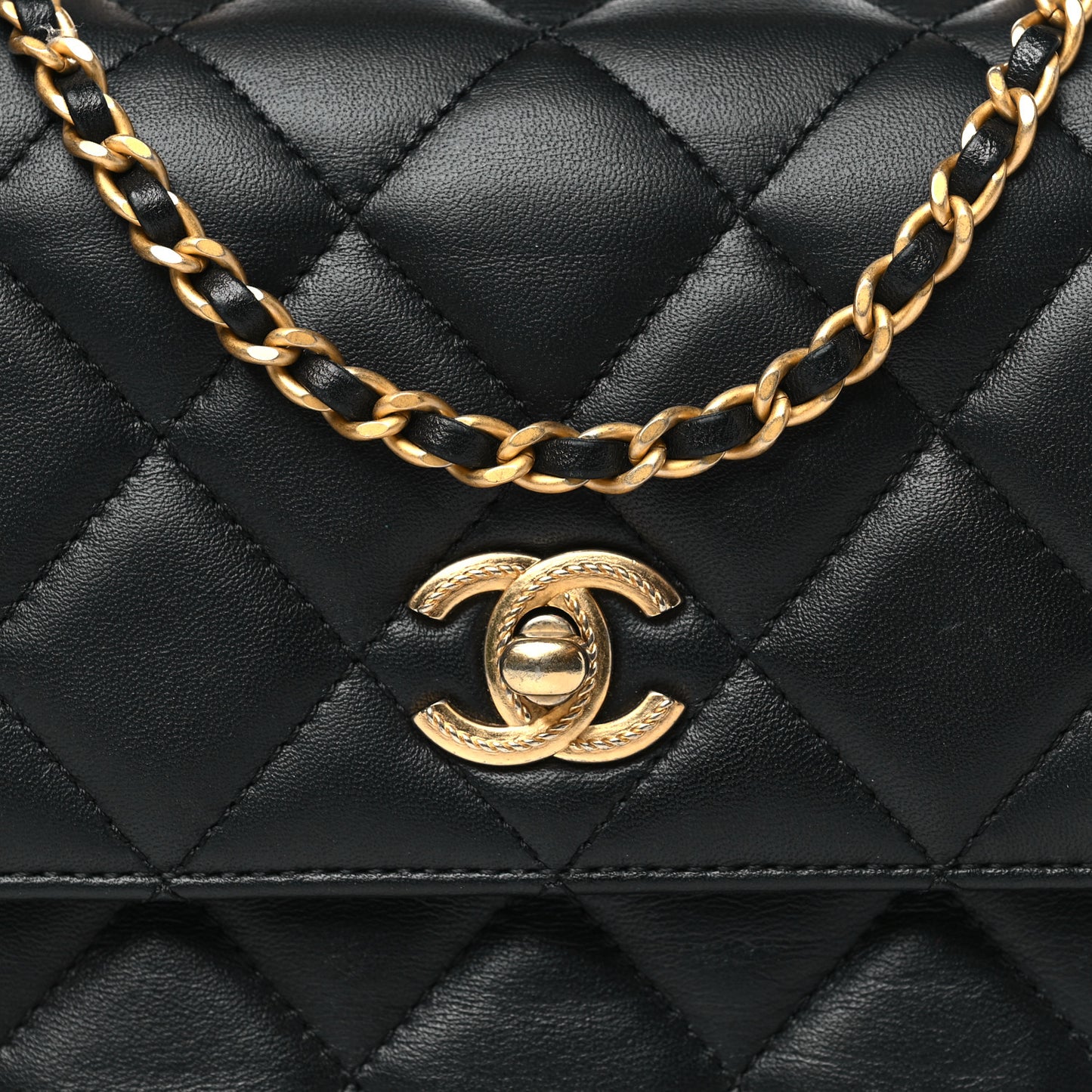 Lambskin Metal Quilted Twist Top Handle Flap With Chain Black