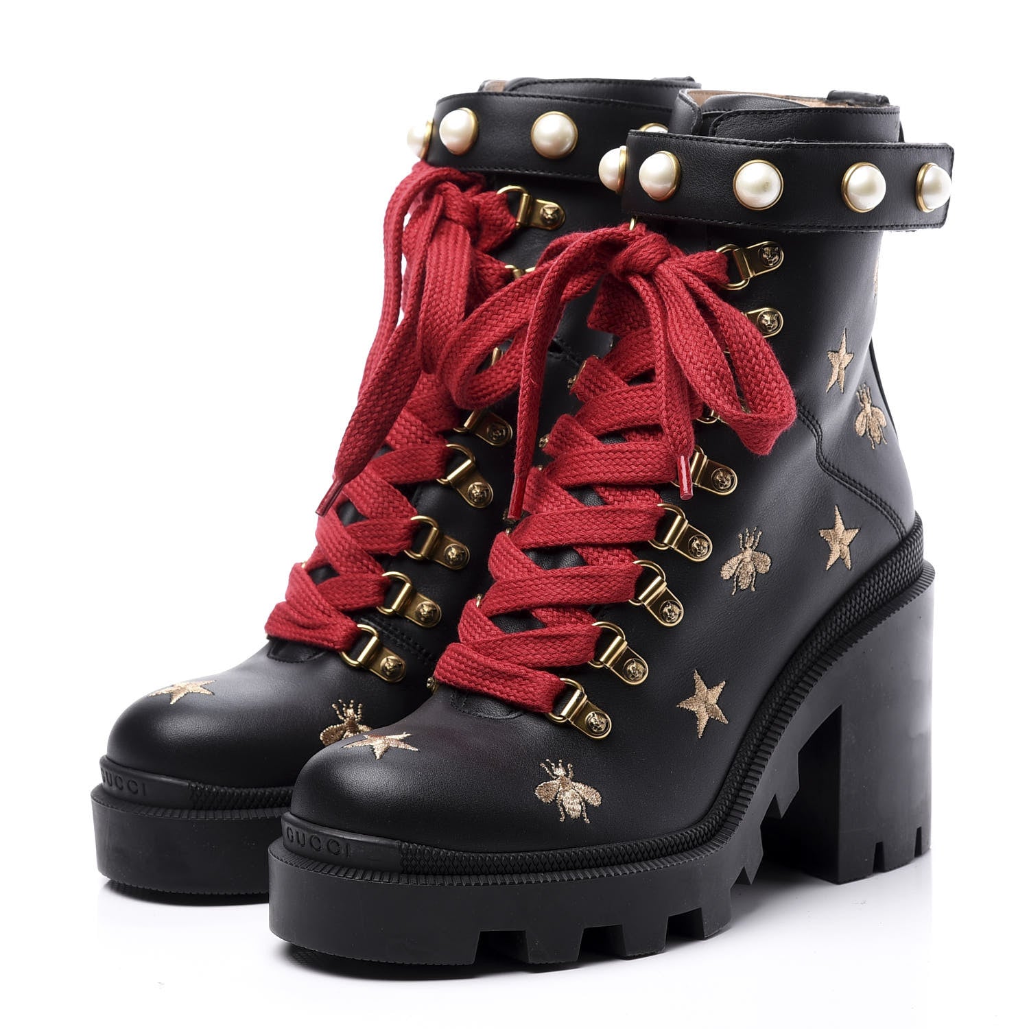 Gucci Calfskin Bee Star Embroidered Lace Up Combat Ankle Boots 37 Black 2 of 11